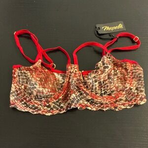Mapale Red Snake Print Lace‎ Unlined Balconette Bra Top S/MNWT